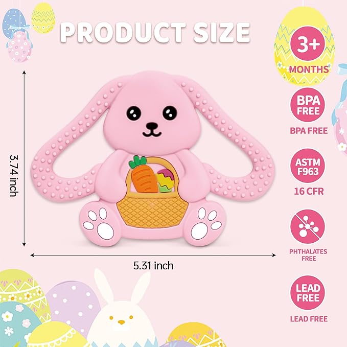Easter Basket Stuffers Baby Teething Toys, Bunny Silicone Teething Toy for Babies 0 3 6 9 12 18 Months, Easter Basket Stuffer Essential, Baby Rabbit Carrots Teether for Baby & Toddler First Gifts