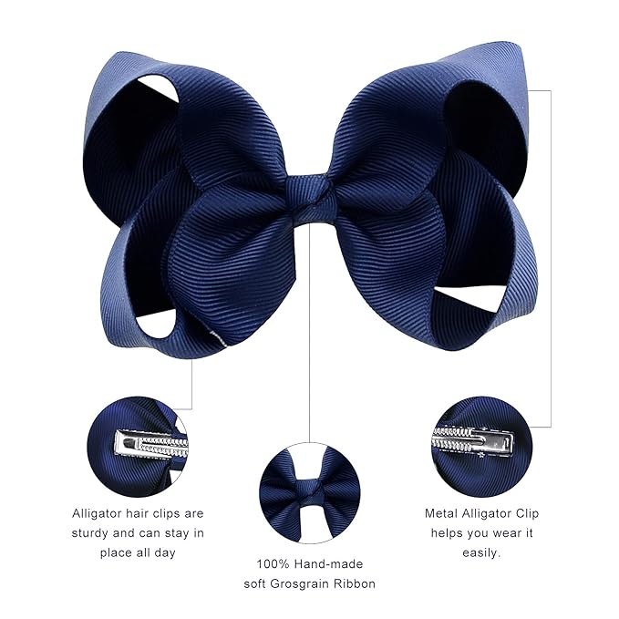 DEEKA 16 PCS 4" Hand-made Hair Bow Grosgrain Ribbon Solid Color Hair Bow Alligator Clips Hair Accessories for Little Teen Toddler Girls -Navy Blue