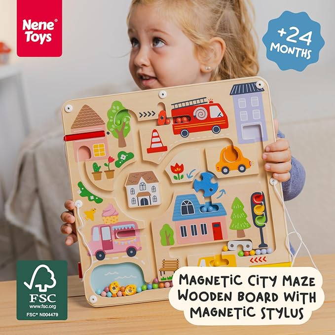 Nene Toys Magnetic Maze Board – Toddler Travel Toy 2+ – Montessori Busy Board Alternative – Bead Maze Puzzle with Tethered Stylus – Quiet Car/Plane Activity – Fine Motor Skills, Hand-Eye Coordination