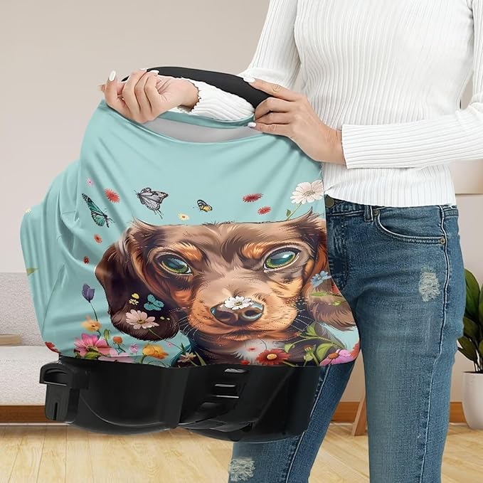 Wanyint Dachshund Dog Blue Stretchy Baby Car Seat Covers Carseat Canopy, Baby Breastfeeding Stroller High Chair Shopping Cart Cover