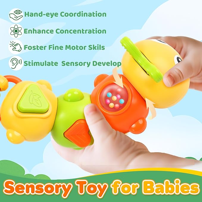 Montessori Sensory Toy for Baby 1 year old, Caterpillar Busy Board for Toddler 12-18 Month Airplane Travel Toy Roadtrip Car Activities 1st Birthday Gift Valentine Day Gift Easter Basket Stuffer