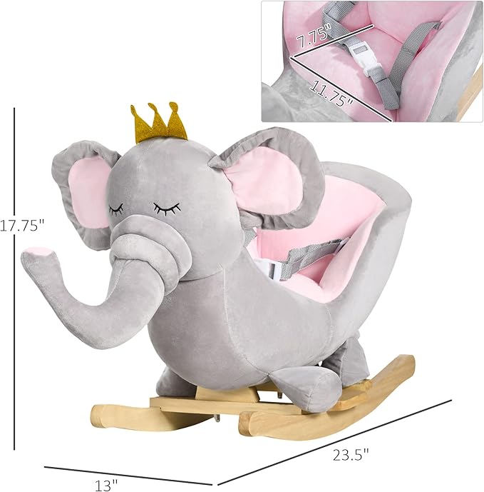 Qaba Baby Rocking Horse Elephant Rocking Chair Toddler Rocker Toy with Sound Wooden Base Seat Safety Belt for 1.5-3 Year Old, Gray