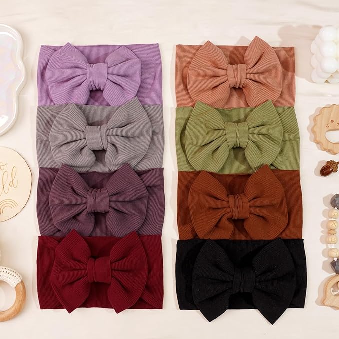 CÉLLOT 8 Colors Super Stretchy Soft Knot Baby Girl Headbands with Hair Bows Nylon Head Wrap For Newborn Baby Girls Infants Toddlers Kids(Fall and Winter)