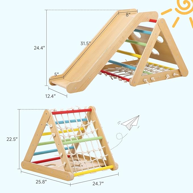 Toddler Indoor Gym Playset, 2 in 1 Wooden Climbing Toys, 3-Sided Wooden Triangle Climber with Climbing Net,Sliding Ramp, Sandbags & Board for Kids Boys Girls Indoor Gym Playset Gift,Home & Daycare