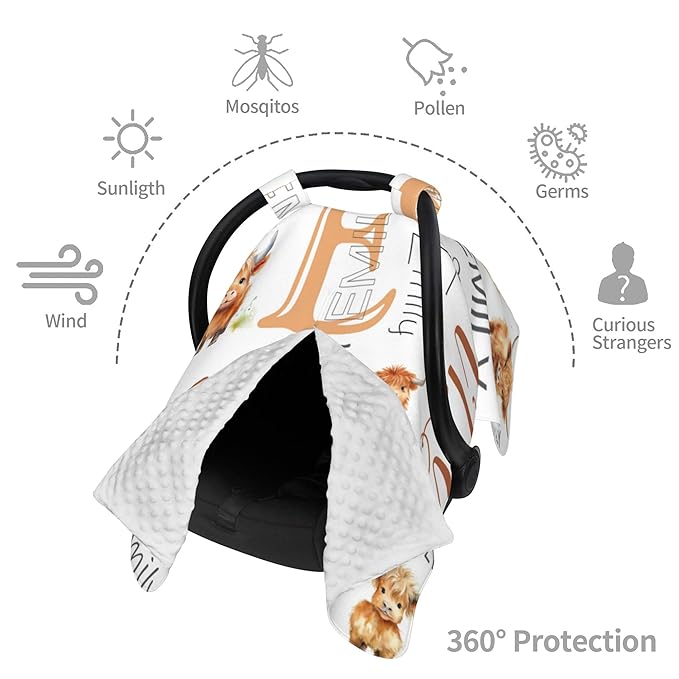 Personalized Baby Car Seat Canopy with Name Custom Minky Highland Cow Car Seat Covers Nursing Cover for Breastfeeding Multi-Use Cover Infant Carrier Carseat Winter Cover for Newborn Girls Boys