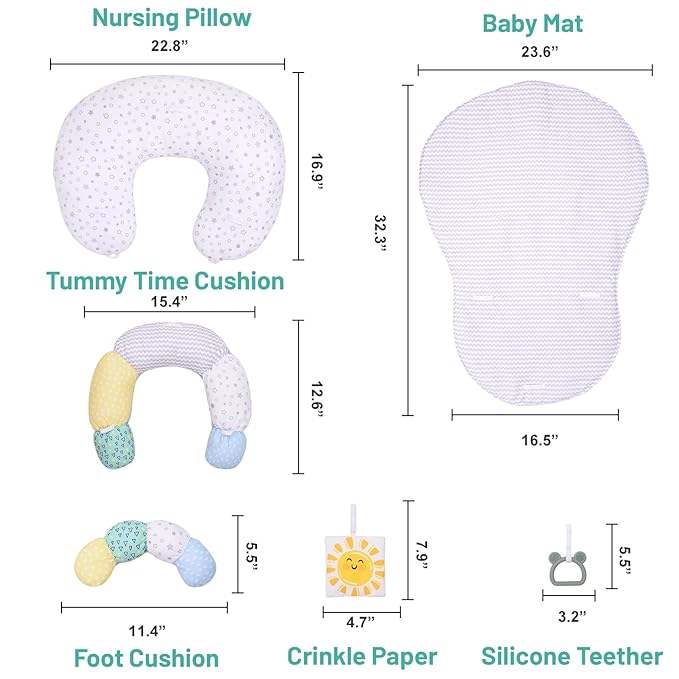 MIIMER 4-in-1 Tummy Time Baby Mat & Seated Support Cushion, Detachable Nursing Pillow with High, Firm, Large Area, Removable and Machine Washable Slipcovers, Baby Play Mat and Toys 0-24 Months