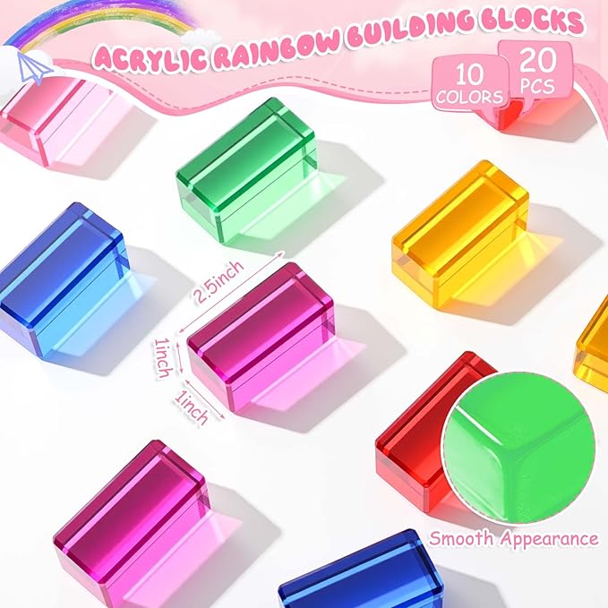 Meooeck 20 Pcs Acrylic Gem Cubes Blocks for Kids Translucent Rainbow Building Blocks Crystal Light Shadow Stacking Toys for School Education Training Learning(5 x 2.5 x 2.5 cm)