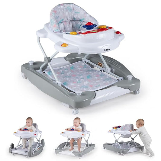 INFANS Baby Walker, 5 in 1 Behind Walker Learning Seated Rocker Bouncer with Removable Music Tray, Adjustable Height, Washable Seat Cushion, Foldable Activity Center for Toddlers (Light Gray)