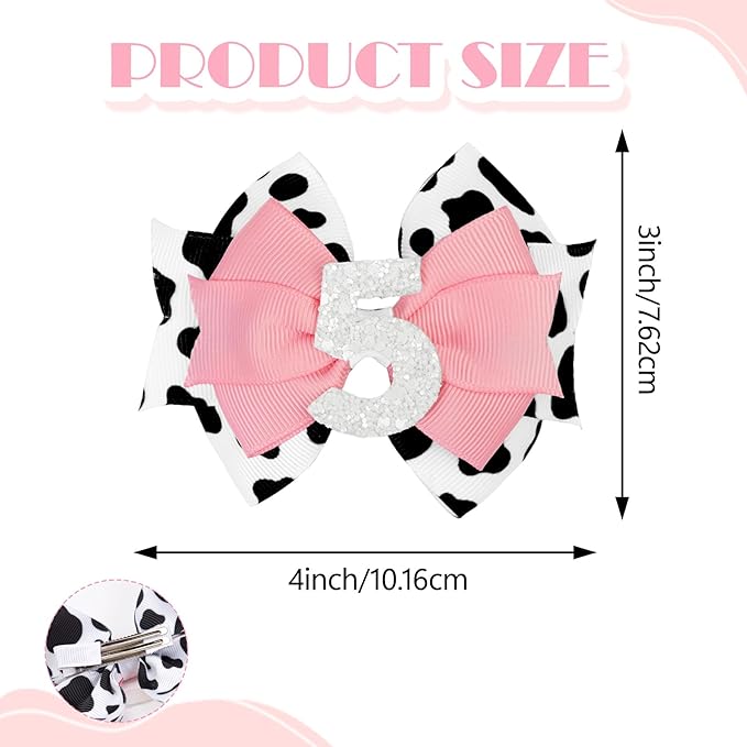 Cow Print Birthday Bow Hair Clip, Pink Farm Animal Theme 5 Year Old Hair Bow Clip Accessory for Toddler Girls Party Baby Shower Decor