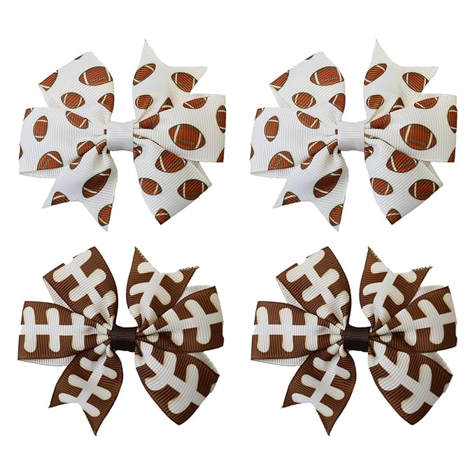 4Pcs Football Hair Bow Clips, Rugby Soccer Hair Clips - 3" Ribbon Bows for Girls, Football Printed Ribbon Bows, Football Hair Accessories for Kids Sports Party Hair Accessories, Team Gifts