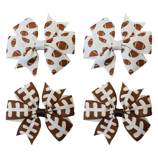 4Pcs Football Hair Bow Clips, Rugby Soccer Hair Clips - 3" Ribbon Bows for Girls, Football Printed Ribbon Bows, Football Hair Accessories for Kids Sports Party Hair Accessories, Team Gifts