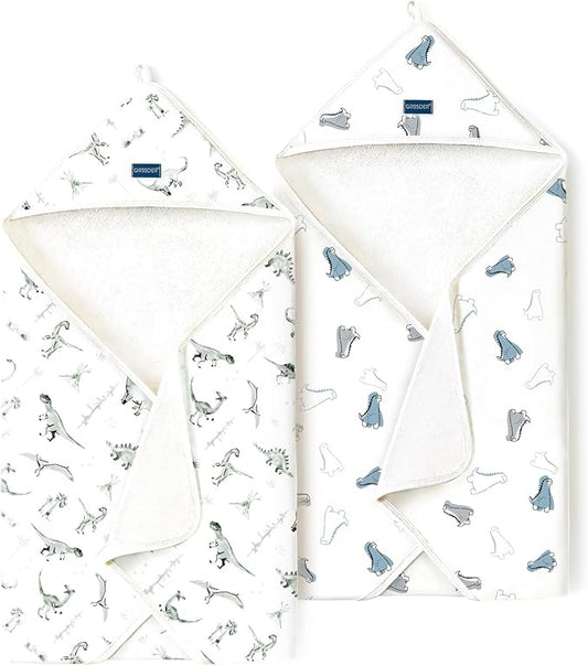 GRSSDER Baby Hooded Towel 2 Pack for Newborn, Super Soft Bath Towels with Original Designs, Ultra Absorbent Knit Terry, Large Toddler Towels with Hood for Boys Girls, Shower Gifts for Infant,34"x 34"