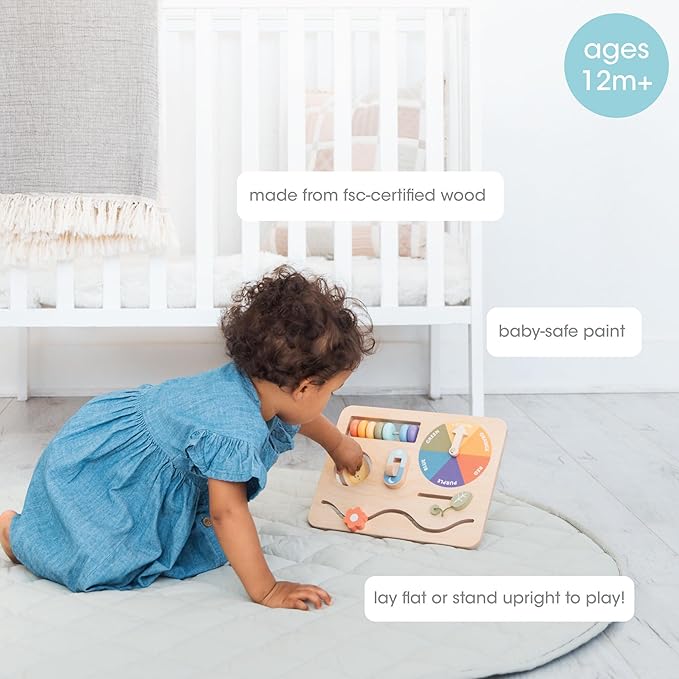 Pearhead Busy Board for Toddlers – FSC-Certified Wooden Montessori Sensory Travel Toy with Built-in Stand, Develops Fine Motor Skills & Color Recognition, Boys and Girls, 1 2 3 Year Old
