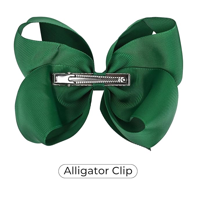 DEEKA 2 PCS 6" Big Hand-made Grosgrain Ribbon Solid Color Hair Bows Alligator Clips Hair Accessories for Little Teen Toddler Girls Kids Set of 2 -Hunter Green