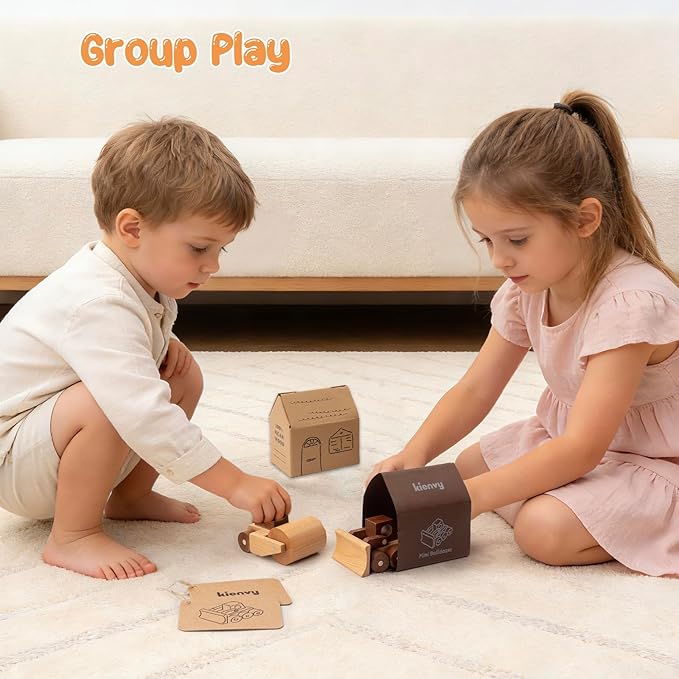Wooden Toy Cars for 3 Year Old Boys & Girls - Construction Vehicles Set Push Toys for Toddlers, Wood Montessori Car with Rolling Wheels, Natural Wood Toys (Bulldozer & Road Roller)