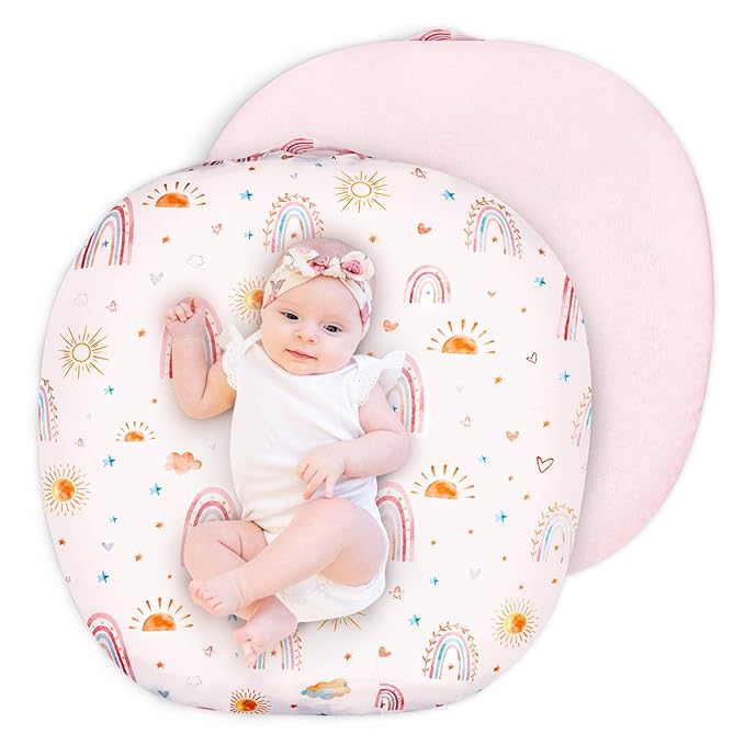 Newborn Lounger Cover for Girls Boys, Removable Soft Baby Lounger Cover, Reversible, Minky, Pink Rainbow & Sun
