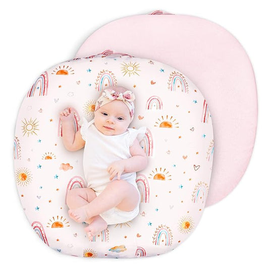 Newborn Lounger Cover for Girls Boys, Removable Soft Baby Lounger Cover, Reversible, Minky, Pink Rainbow & Sun