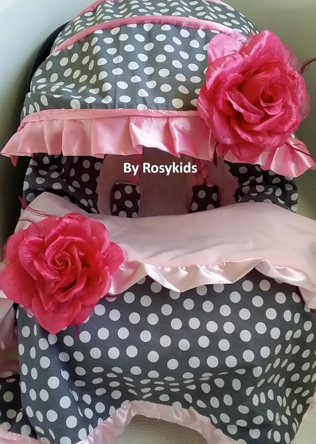 Rosy Kids Infant Carseat Canopy Cover 4pc Whole Caboodle, Baby Car Seat Cover Baby Blanket Outdoor Kit, Grey Ground Polka Dot Baby Pink