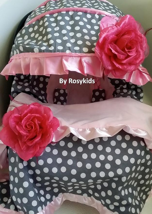 Rosy Kids Infant Carseat Canopy Cover 4pc Whole Caboodle, Baby Car Seat Cover Baby Blanket Outdoor Kit, Grey Ground Polka Dot Baby Pink