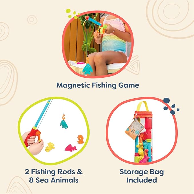 B. toys – Little Fisher's Kit – Magnetic Fishing Adventure Set with Dual Rods, Eight Colorful Aquatic Figures – Ideal Bath Time, Pool Activity Promoting Coordination – 3+ Years
