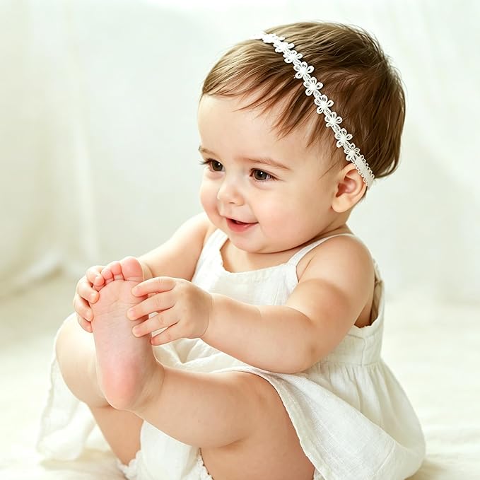 Baby Girls Flower Crown Headband Lace Handmade Floral Headbands Soft Elastic Band Daisy Hairband Newborn Infant Toddler Kids for Christening Baptism Birthday Party (Small White Daisy)