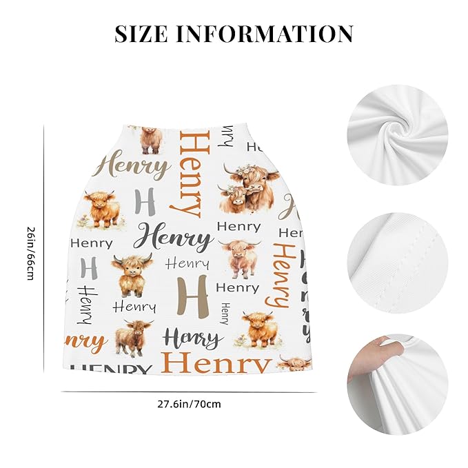 Personalized Car Seat Covers with Name, Highland Cow Baby Canopy Carrier Cover, Breathable Breastfeeding Nursing Cover, Stretchy Multi-Use Infant Carseat Stroller Cover