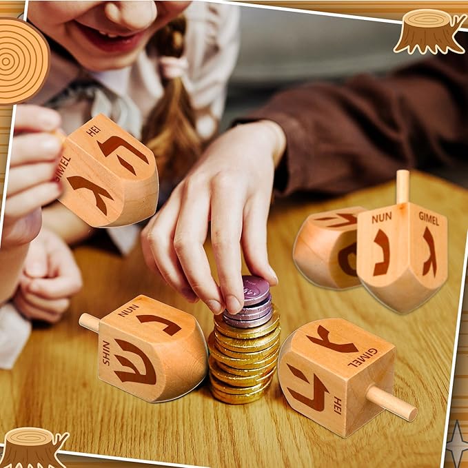 Wonderjune 2 Pcs Hanukkah Dreidels Extra Large Wooden Dreidel for Hanukkah Decoration with English Transliteration, Forever Spinning Tops Party Favors(Simple)