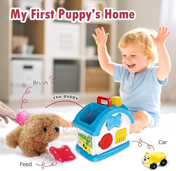Ming You Interactive Toys for 1 2 3 Year Old Boy Gifts, Baby Musical Toy House with Stuffed Puppy, Car, Learning Educational Toy for Toddler 1-3, Christmas Birthday Gifts for 1 Year Old Boy (Blue)