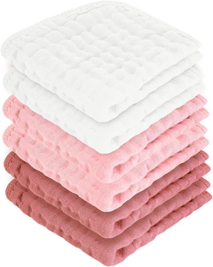 MIGIOL Baby Washcloths 100% Cotton Size is 12x12 inches. Lightweight, Portable, and Ideal for use at Home or on The go. (White & Pink 6 Pieces)