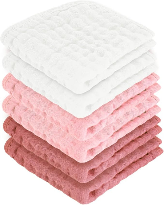 MIGIOL Baby Washcloths 100% Cotton Size is 12x12 inches. Lightweight, Portable, and Ideal for use at Home or on The go. (White & Pink 6 Pieces)