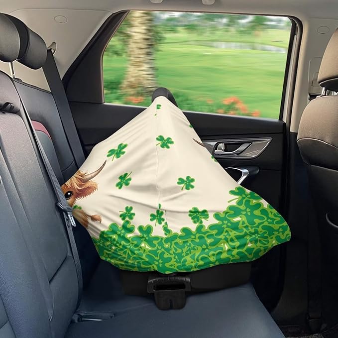 Wanyint Baby Car Seat Covers Nursing Cover Carseat Canopy Baby Breastfeeding Cover Multi-Use Nursing Scarf Infant Stroller Cover Home Decor, Highland Cow Leprechaun Hat Clover