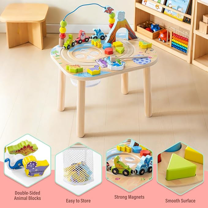 Montessori Activity Table for 1 Year Old, 9-in-1 Wooden Activity Table with Adjustable Height, Train, Shape Sorter, Xylophone, Baby Sensory Educational Learning Toys, Birthday Gift (Dinosaur)
