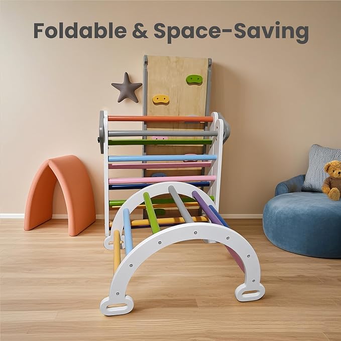 Pikler Triangle Climbing Set for Toddler 7 in 1 Rainbow Indoor Climber Set Foldable Montessori Wooden Climbing Toy with Ramp and Arch Indoor Gyms Playground for Toddlers Kids