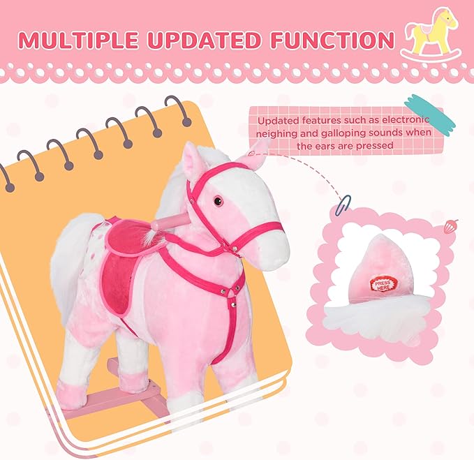Qaba Kids Rocking Horse Plush Ride On Toy Toddler Rocker for Boys Girls Gifts with Realistic Sounds, Pink