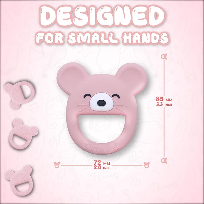Baby Teether, Safe Chew Toy for Infants, Soothing Relief for Teething Pain, Cute Animal Shape, Easy Grip for Tiny Hands (Pink Mouse)