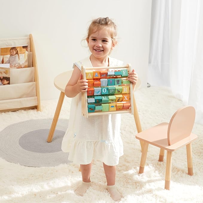 FReniland Wooden Activity Cube - Double-Sided Abacus & Alphabet Flip Tiles for Toddlers 18M+, Educational Learning Toy for Math and ABC Fun