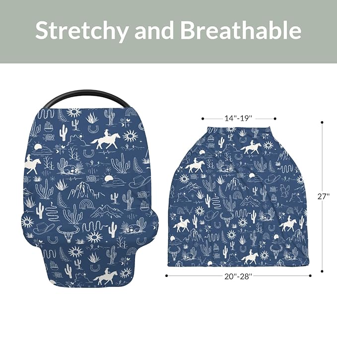Western Cowboy Car Seat Cover for Babies Wild West Cactus Mountain Snake Cattle Skull Sun Stretchy 5-in-1 Covers Adjustable Car Canopy Breastfeeding Cover Desert Adventure Breathable Nursing Cover-Up