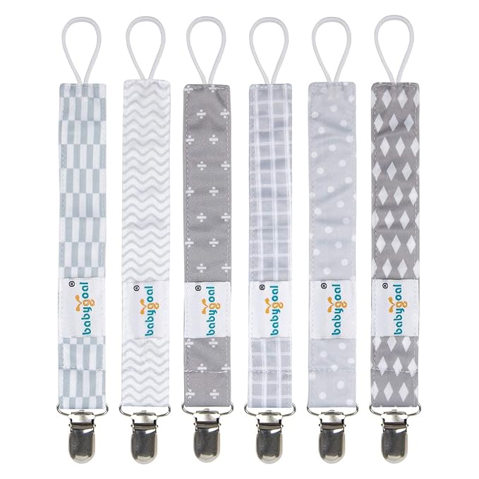 babygoal Baby Grey Pacifier Clips, 6 Pack Pacifier Holder Clip for Boys and Girls Fits for Most Pacifiers and Binkies