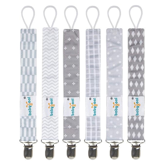 babygoal Baby Grey Pacifier Clips, 6 Pack Pacifier Holder Clip for Boys and Girls Fits for Most Pacifiers and Binkies