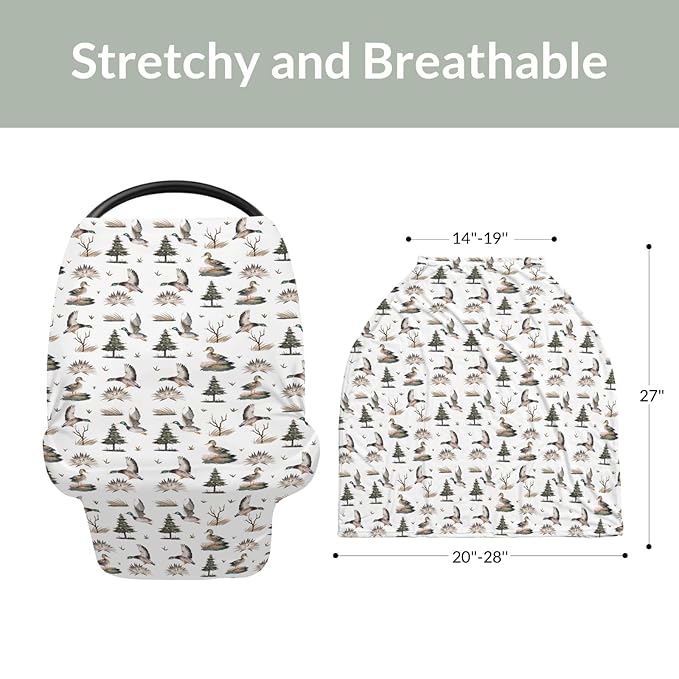 Retro Duck Hunting Car Seat Cover for Babies Vintage Flying Mallards Stretchy 5-in-1 Cover Adjustable Car Canopy Cover Wild Ducks Trees Leaves Breathable Nursing Cover-Up