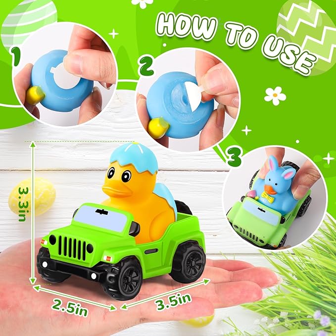 24 Pcs Easter Rubber Ducks for Jeeps, Easter Basket Stuffers Easter Egg Fillers, Ducks for Ducking3.5 Inch Cars for 2 Inch Ducks, 12 Easter Ducks with 12 Off-Road Vehicle, Easter Party Favors Gifts