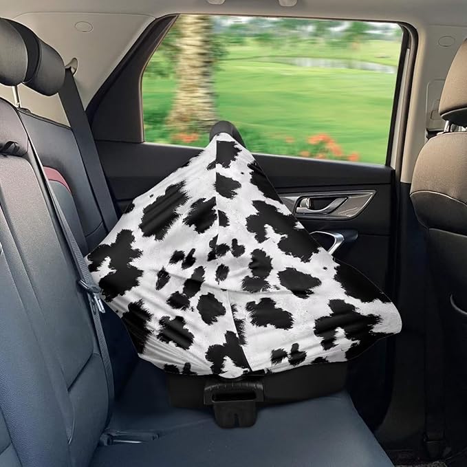 Wanyint Black White Cow Print Infant Car Seat Cover, Baby Carseat Scarf Stretchy Nursing Scarf Car Seat Canopy Breathable Nursing Cover for Boys Girls