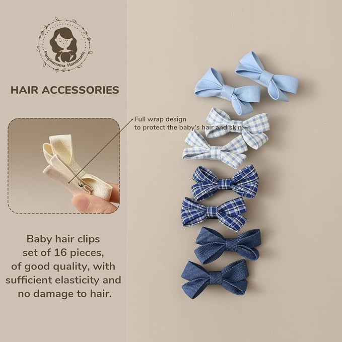 Baby Girls Hair Bows Set, 16 Pack Infant Hair Clips Fully Covered Barrettes, Toddler Hair Accessories for Babies, Kids Newborn Fine Hair in Pairs