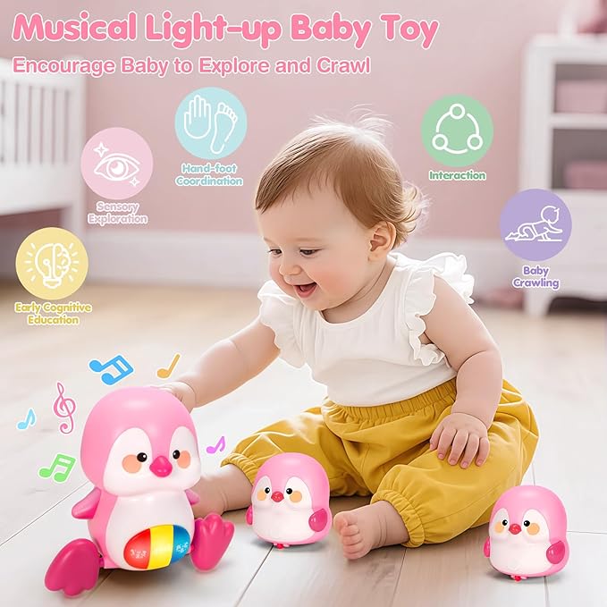 Baby Toys 6-12 Months, Musical Penguins Crawling Infant Toys, Early Learning Toy for Tummy Time with Light & Sound, Birthday Gifts for Babies Newborn Boys Girls 6 7 8 9 10 11 Months 1 Year Old - Pink