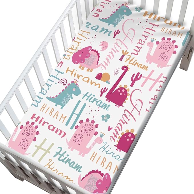 Personalized Pink Dinosaur Pack and Play Sheets for Baby Girls Boys, Custom Mini Crib Fitted Sheet with Name, Customized Name Multiuse Sheets for Pack & Play, Playard, Playpen, Mini Crib Mattress