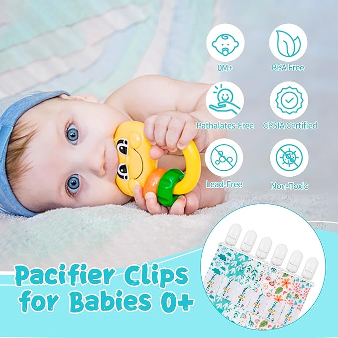 babygoal Floral Pacifier Clips, 6 Pack Binky Paci Holder Clips Leashes Fits for Most Baby Pacifiers and Binkies