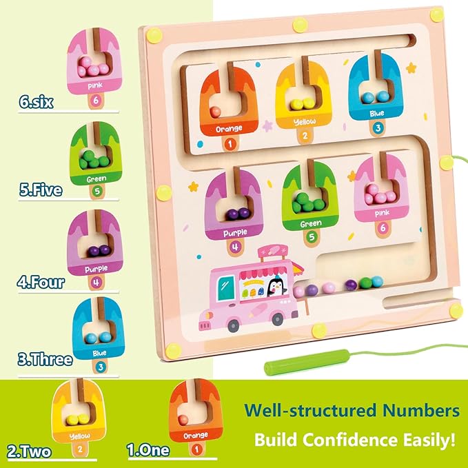 QimuMku Montessori Busy Board for Toddlers 2-4 - Magnetic Color and Number Maze Wooden Ice Cream Matching Game 1-6 Counting Learning Toys for Boys Girls Road Trip Essentials