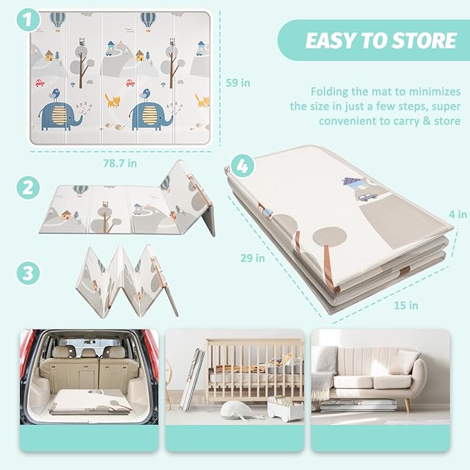 Foldable Baby Play Mat, Double-Sided Design, 79x59 inches, Waterproof, Non-Slip, Extra Thick 0.4 inch, Sea Animals and Elephant Patterns