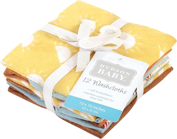 Hudson Baby Unisex Baby Flannel Cotton Washcloths, My Sunshine 12 Pack, One Size