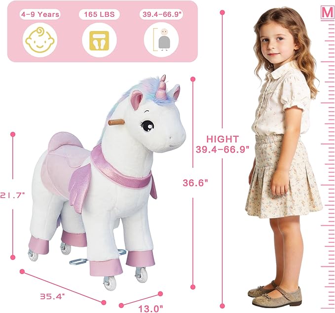Ride on Unicorn Toys for Kids, Ride on Toy for Girls 4 to 9 Years Old, 36.6'' Height Riding Horse Rider Mechanical Walking Action Plush Animal, No Battery or Electricity, Max Load 165LBS - Colorful